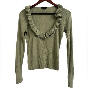 J. Crew green ruffle silk/cashmere blend button front ribbed cardigan size M